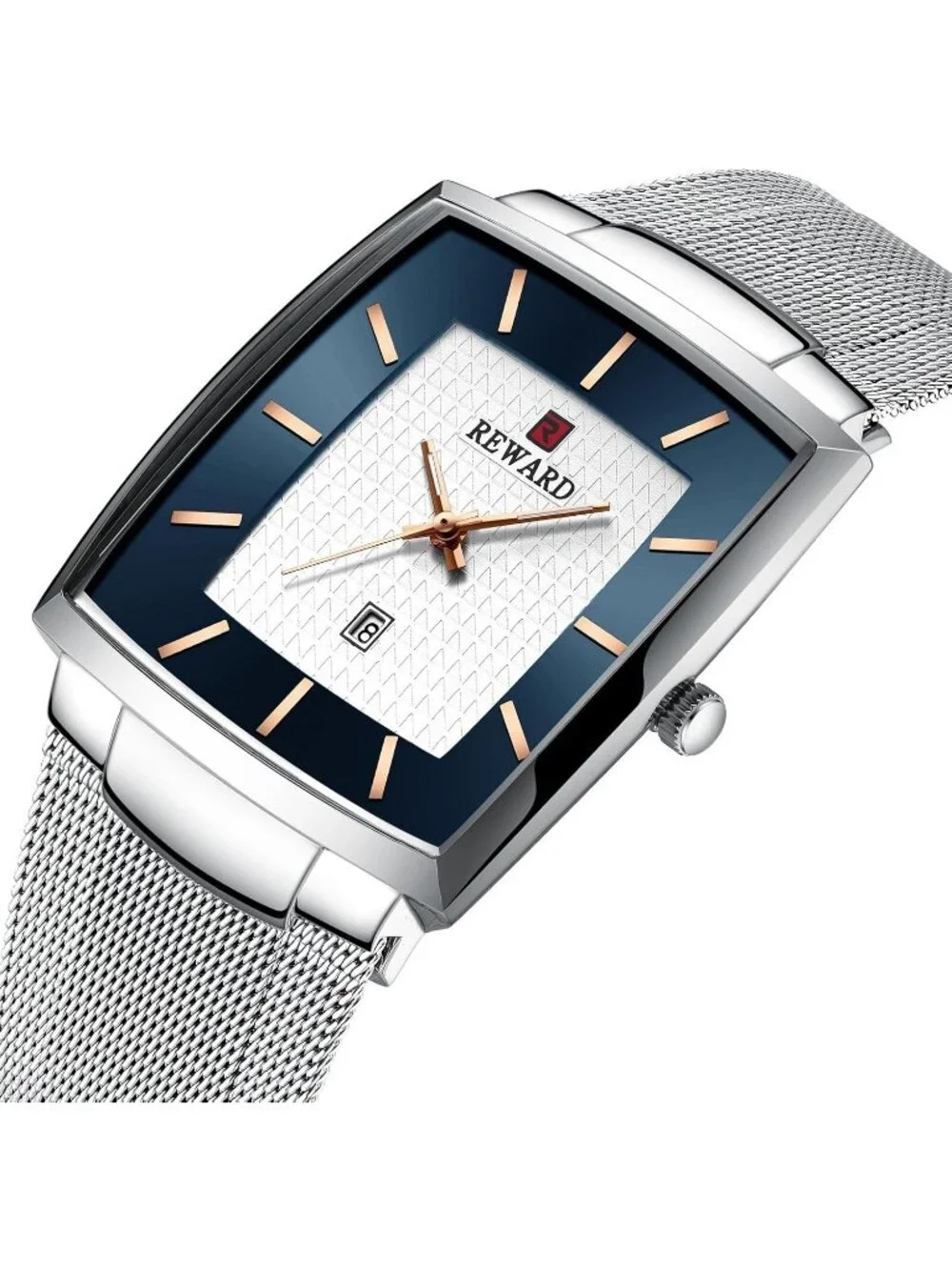 Men's Silver Gold Square Analog Quartz Stainless Steel Mesh Strap Wrist Watch